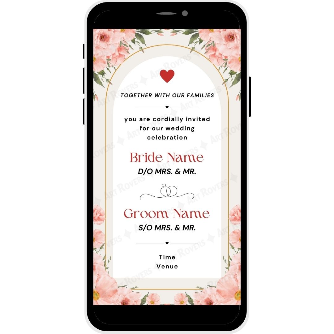 Floral Christian wedding card with bride and groom names and wedding details.