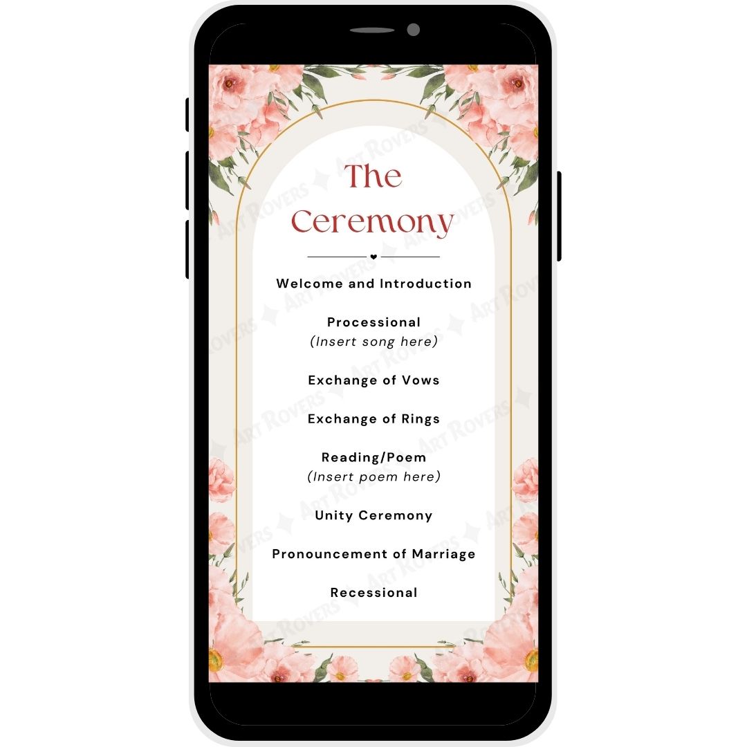 Blushing Blooms Christian wedding ceremony schedule with floral border and key event details.
