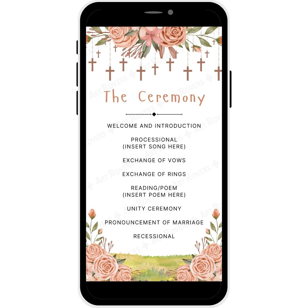 The ceremony outline with floral and cross accents, including processional, vows, rings, and more
