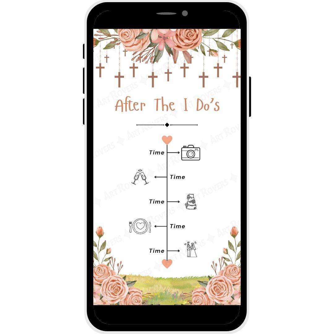 Event timeline for wedding photography, reception, and cake cutting with floral and cross accents