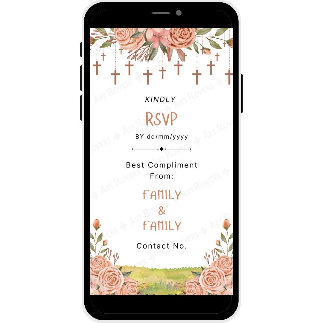 RSVP section with floral designs and customizable family names and contact details