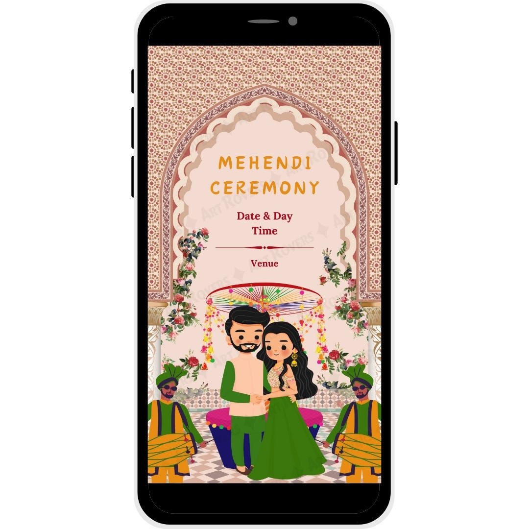 Mehendi Ceremony invitation with vibrant cultural artwork and traditional attire