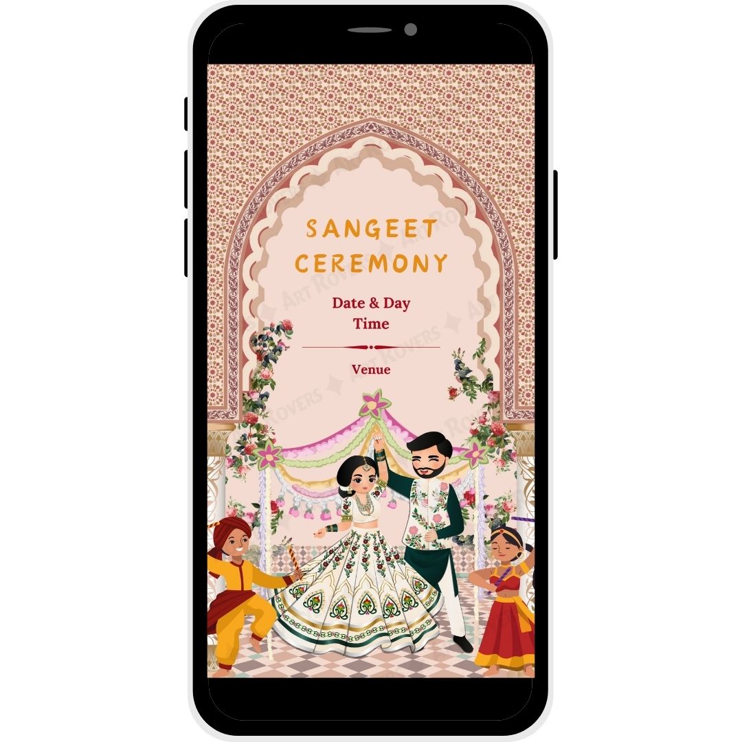 Sangeet Ceremony invitation with bride, groom, and performers dancing in joy