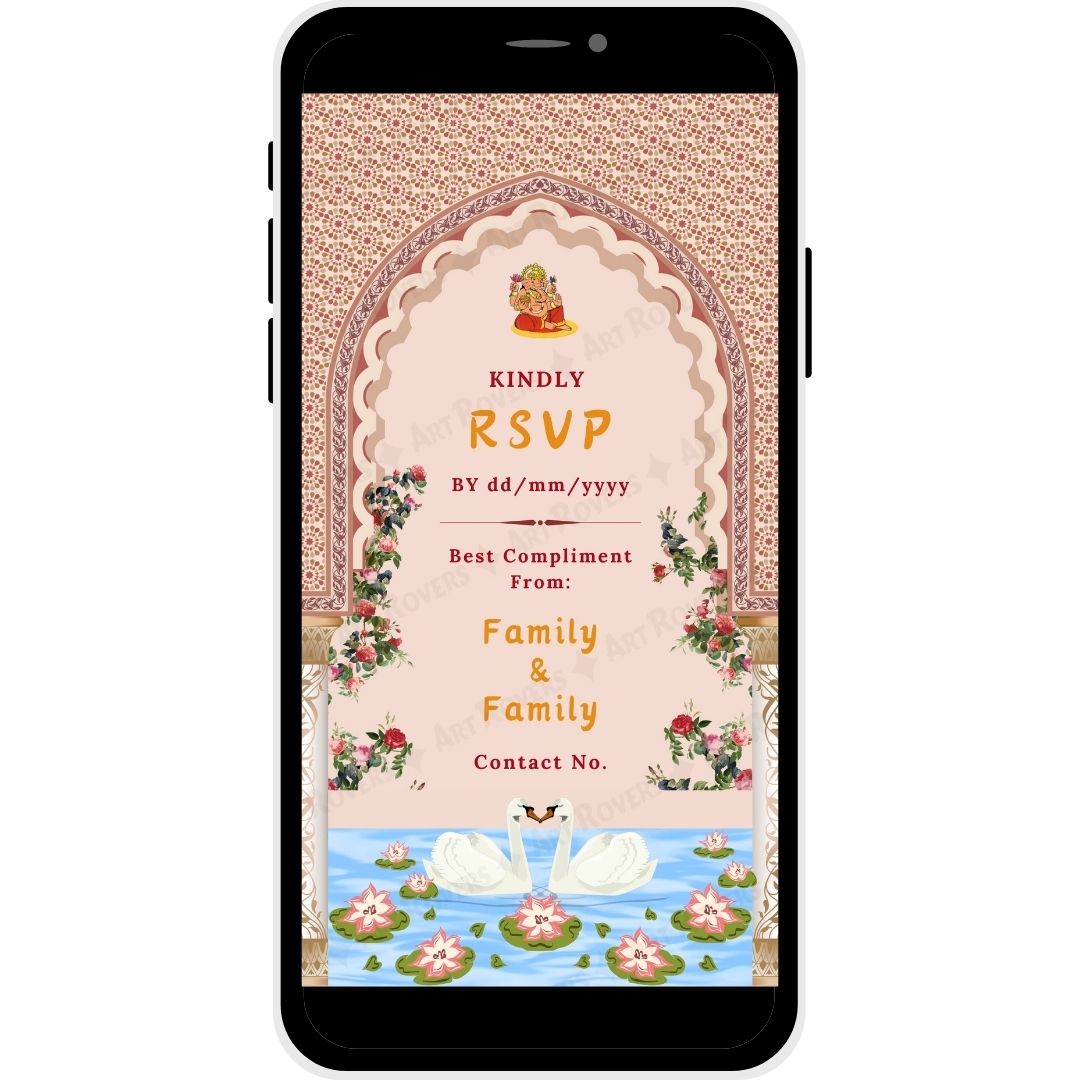 RSVP invitation card with floral border and swans in a serene lake backdrop