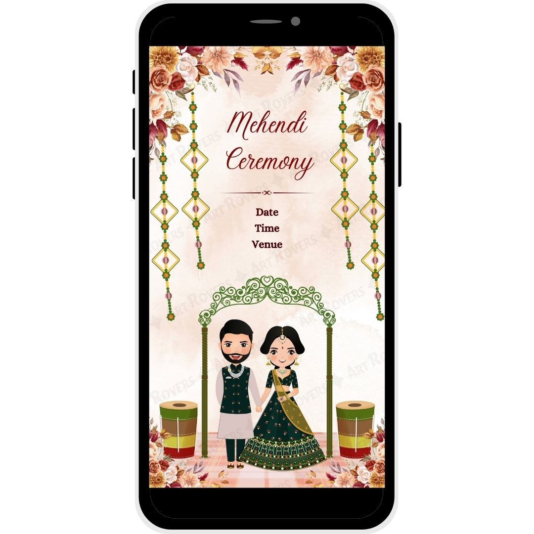 Event details section with floral patterns on Hindu wedding PDF card.