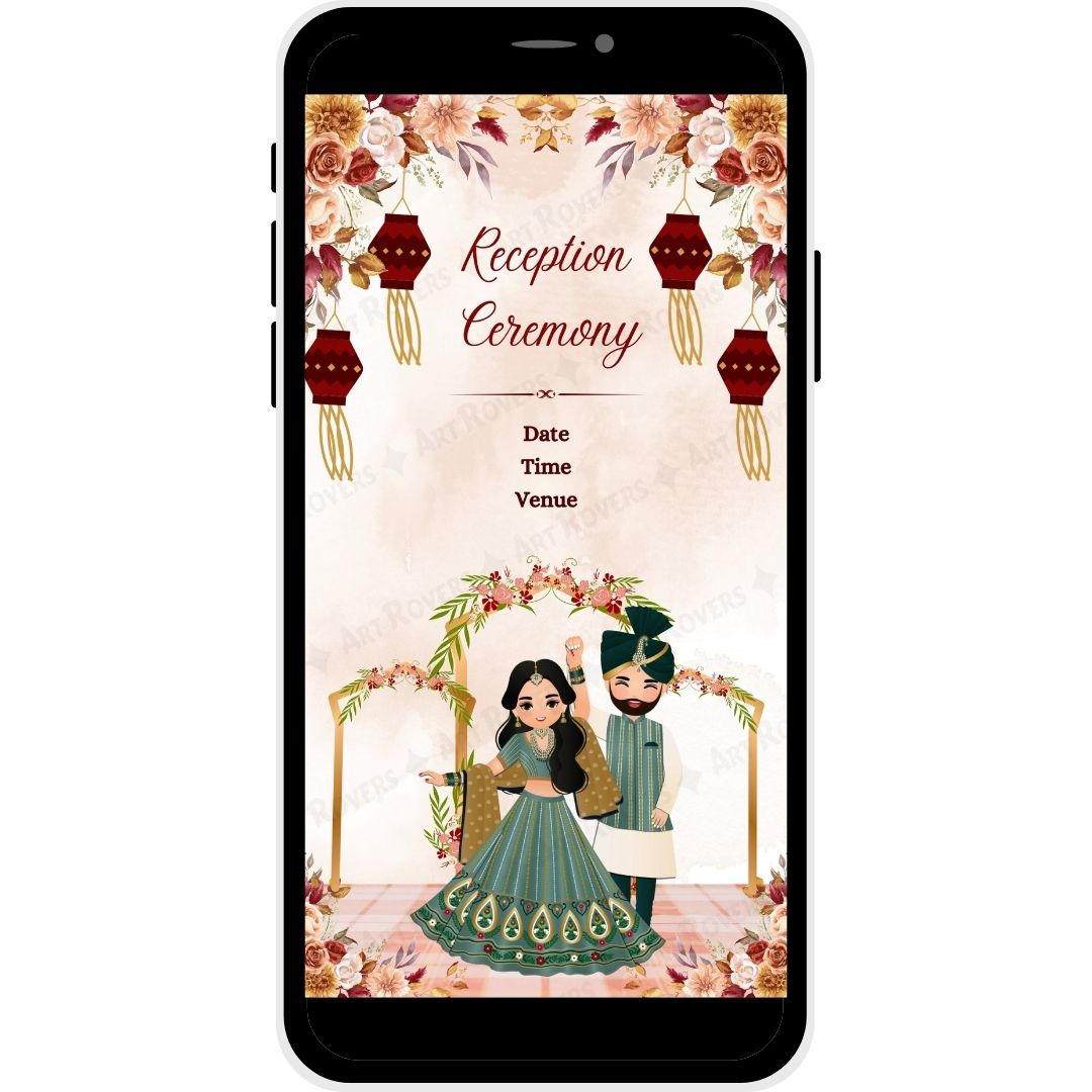 Elegant floral backdrop on Hindu wedding PDF card for event details.