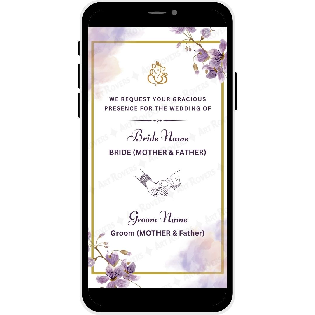 Bride and groom names section with traditional Hindu motifs on the Floral Charm card.