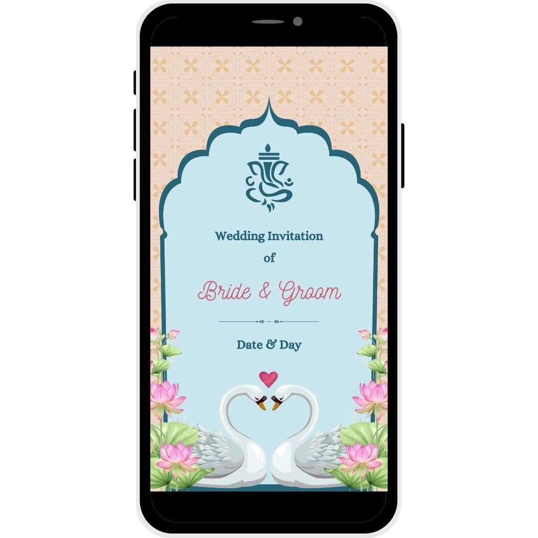 Lotus Love Hindu wedding invitation card cover featuring two swans and lotus flowers.