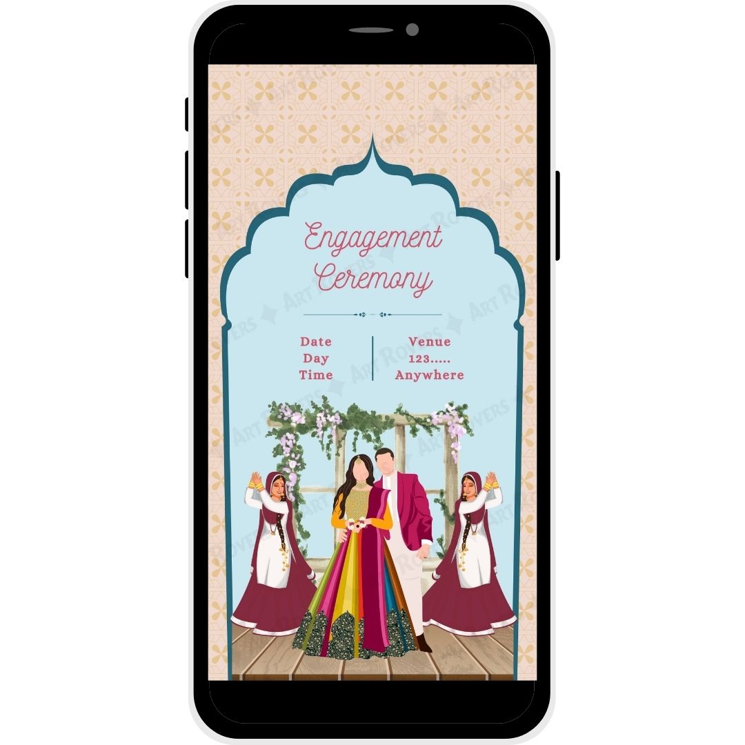 Engagement ceremony section with musical elements on Lotus Love wedding invitation.