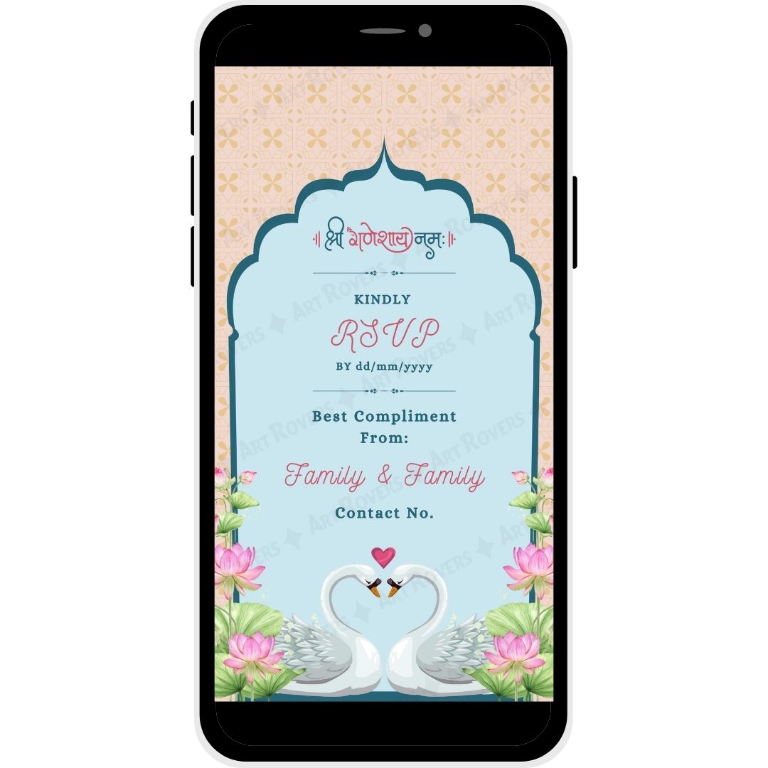 RSVP section with swan and lotus design on Lotus Love Hindu wedding invitation PDF card.