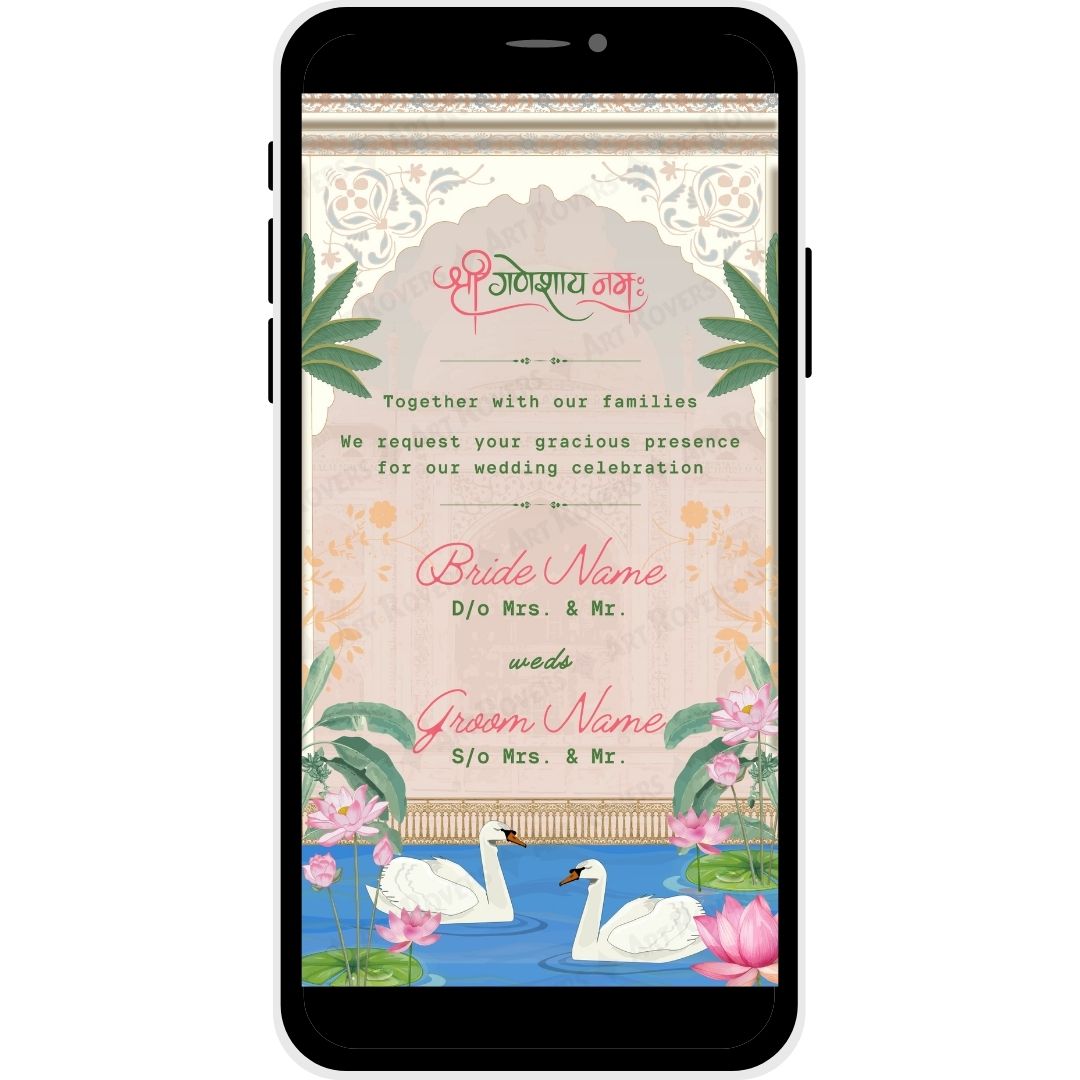 Bride and groom names section with Lord Ganesha and floral motifs on Sacred Union wedding invitation.