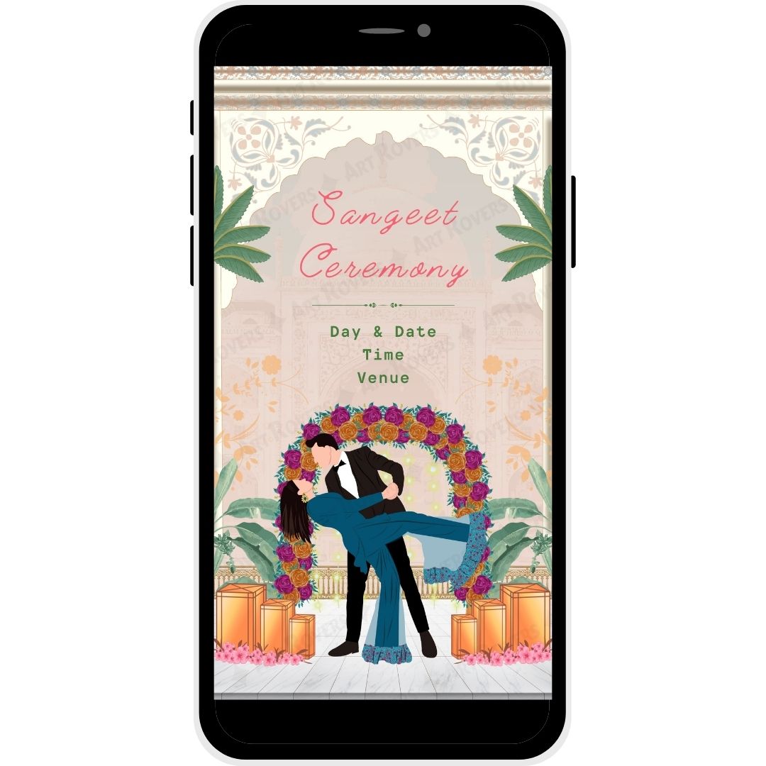 Sangeet ceremony details with elegant floral design on Sacred Union wedding invitation.