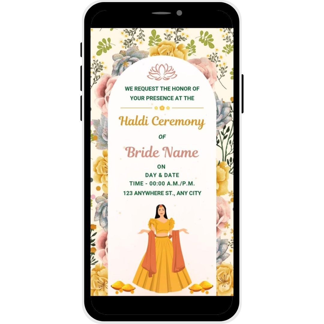Joyful Blossoms Haldi Ceremony Invitation Card with floral designs and illustration of the bride, ideal for a festive and joyful wedding celebration.