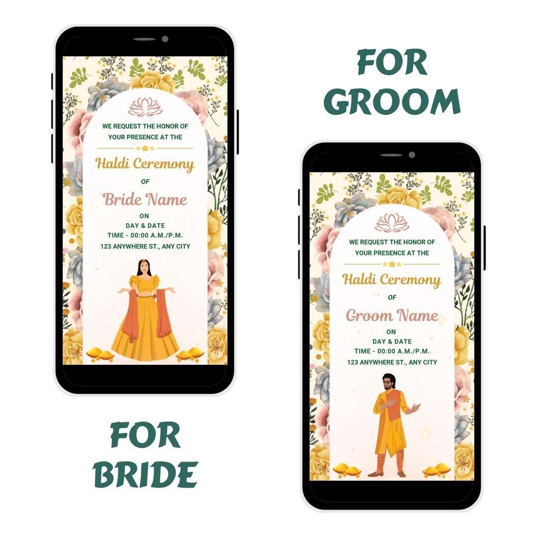 Joyful Blossoms Haldi Ceremony Invitation Card with floral designs and illustrations of the bride or groom, ideal for a festive and joyful wedding celebration.