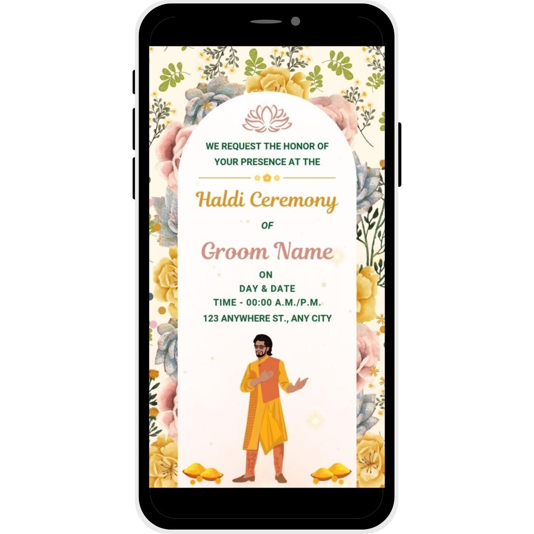Joyful Blossoms Haldi Ceremony Invitation Card with floral designs and illustration of the groom, ideal for a festive and joyful wedding celebration.