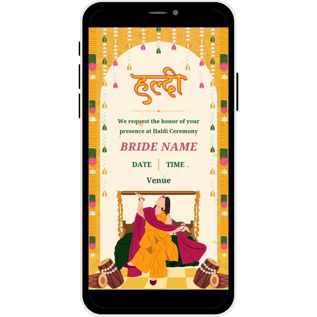 Floral Fiesta Haldi Ceremony Invitation Card for the bride featuring festive floral decor, marigold garlands, and a joyful illustration of the bride in a traditional setting, perfect for inviting guests to a vibrant pre-wedding celebration.