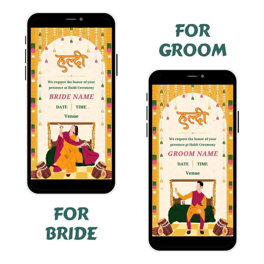 Floral Fiesta Haldi Ceremony Invitation Card with festive floral decor, marigold garlands, and an illustration of the ceremony setting for a vibrant wedding celebration.
