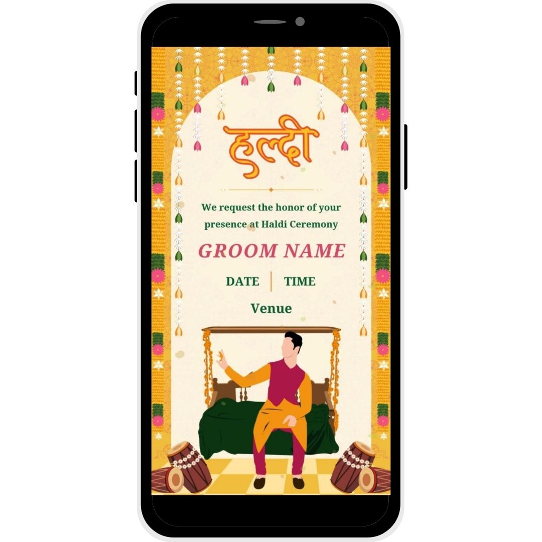 Floral Fiesta Haldi Ceremony Invitation Card for the groom featuring festive floral decor, marigold garlands, and a lively illustration of the groom in a traditional setting, ideal for inviting guests to a joyous pre-wedding ceremony.