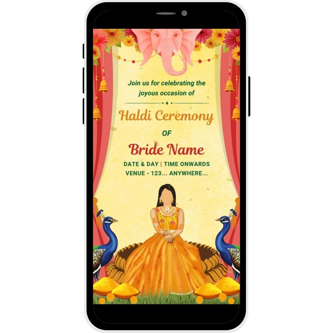 Divine Glow Haldi Ceremony Invitation Card for the bride, with Ganesha motif, peacocks, and traditional floral decor for an auspicious celebration.