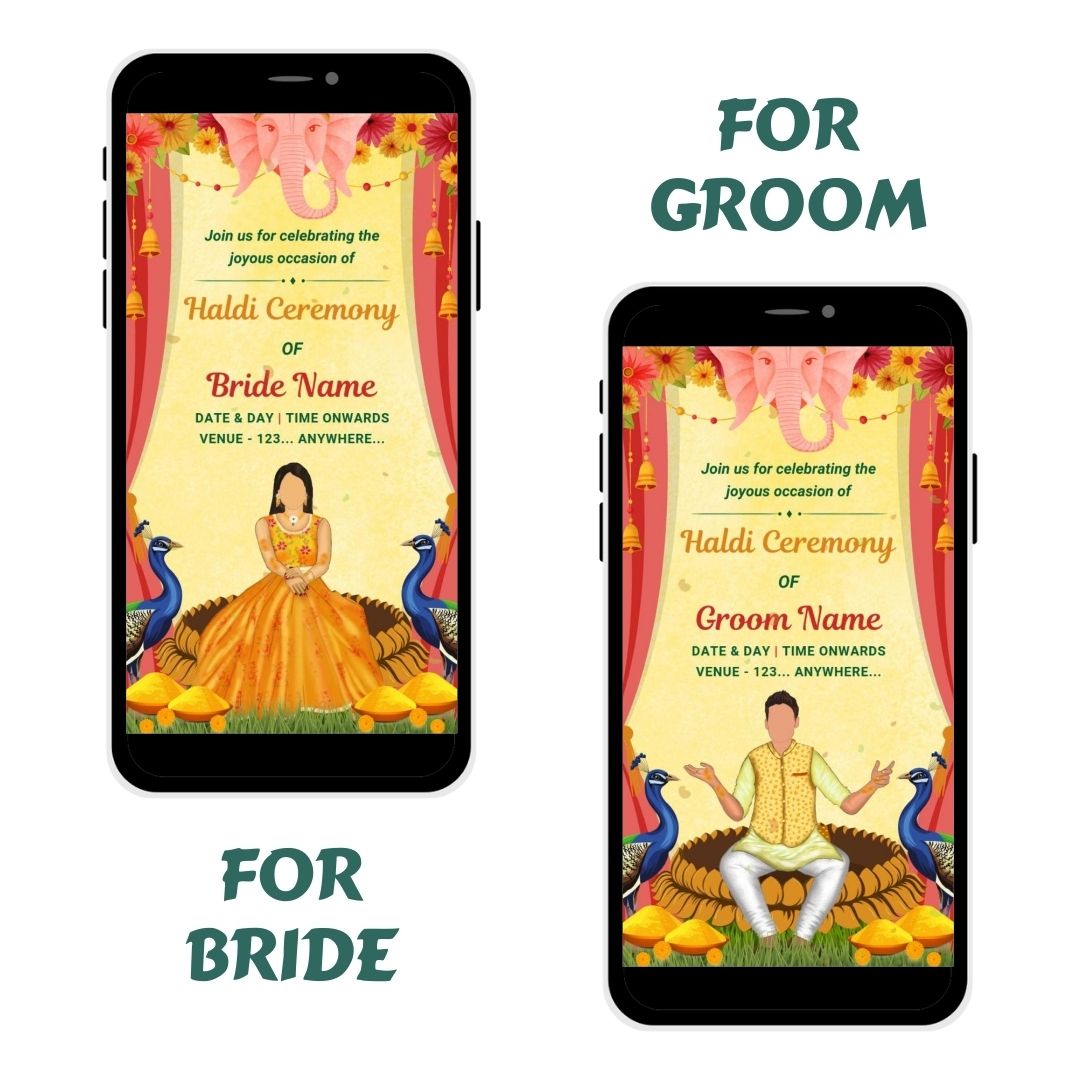 Divine Glow Haldi Ceremony Invitation Card featuring Ganesha motif, peacocks, floral decor, and a traditional ceremony setup for a vibrant celebration.