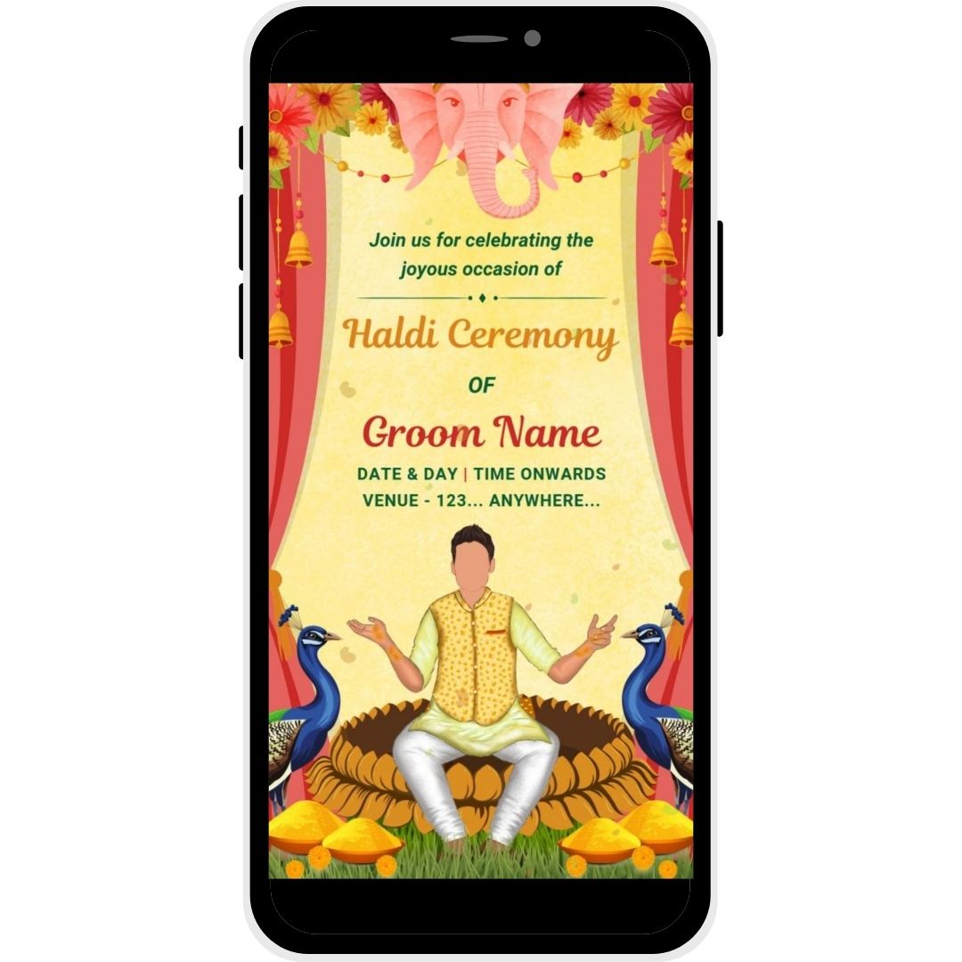 Divine Glow Haldi Ceremony Invitation Card for the groom, featuring Ganesha motif, peacocks, and floral decor, perfect for a vibrant and sacred celebration.