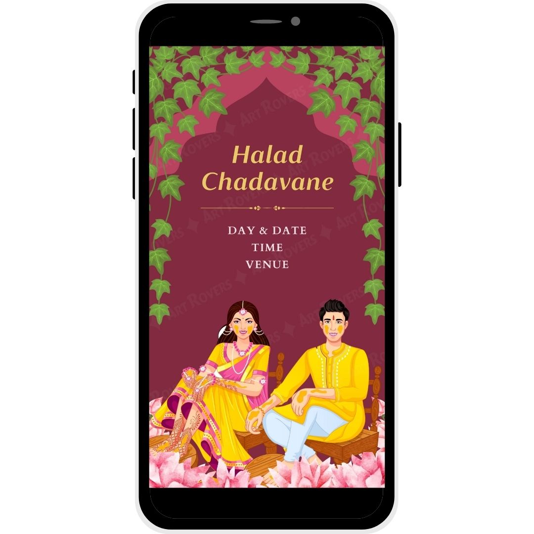 Halad Chadavane (Haldi Ceremony) in Vine of Love Marathi Wedding Invitation with vibrant colors and lush greenery