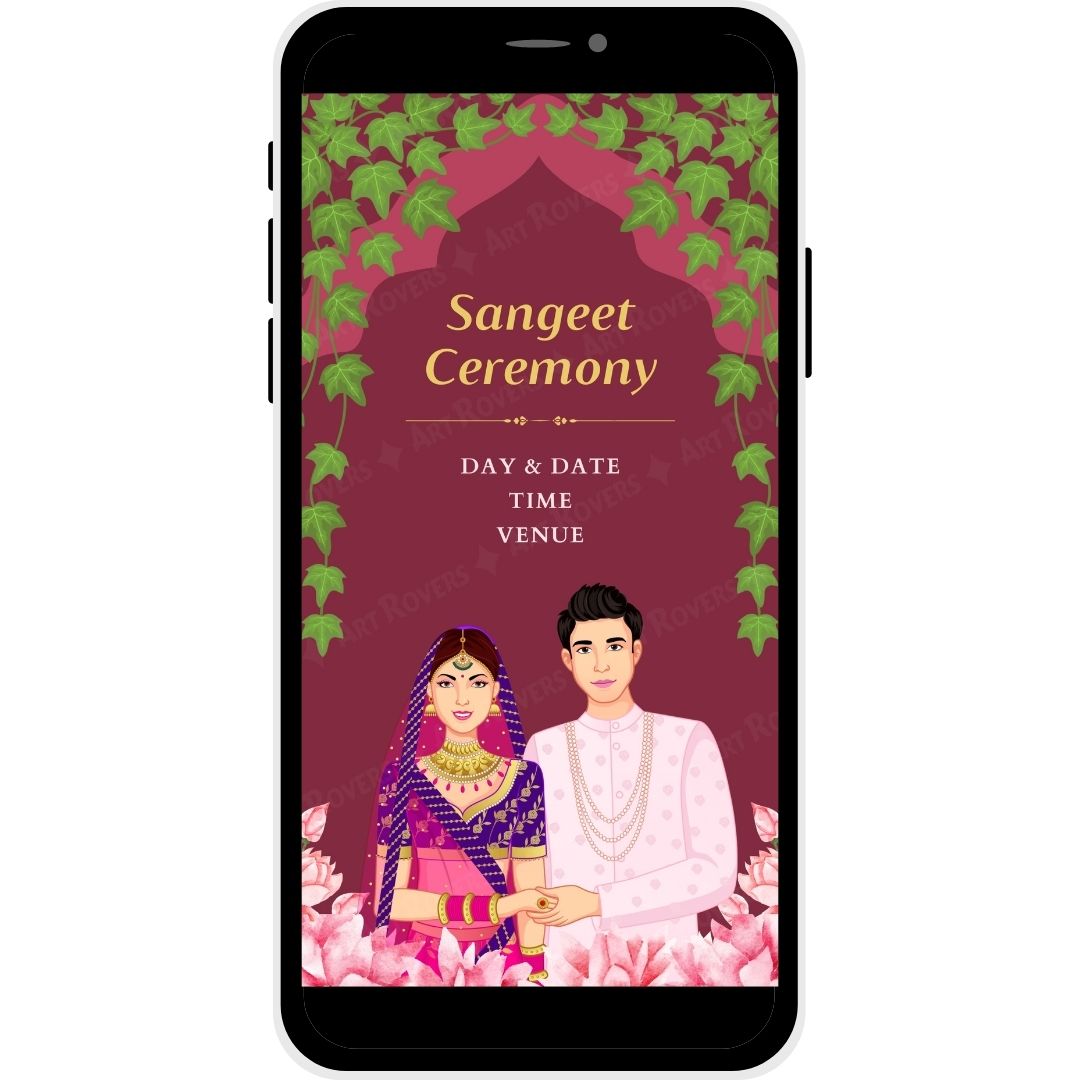 Sangeet Ceremony in Vine of Love Marathi Wedding Invitation with elegant bride and groom illustration