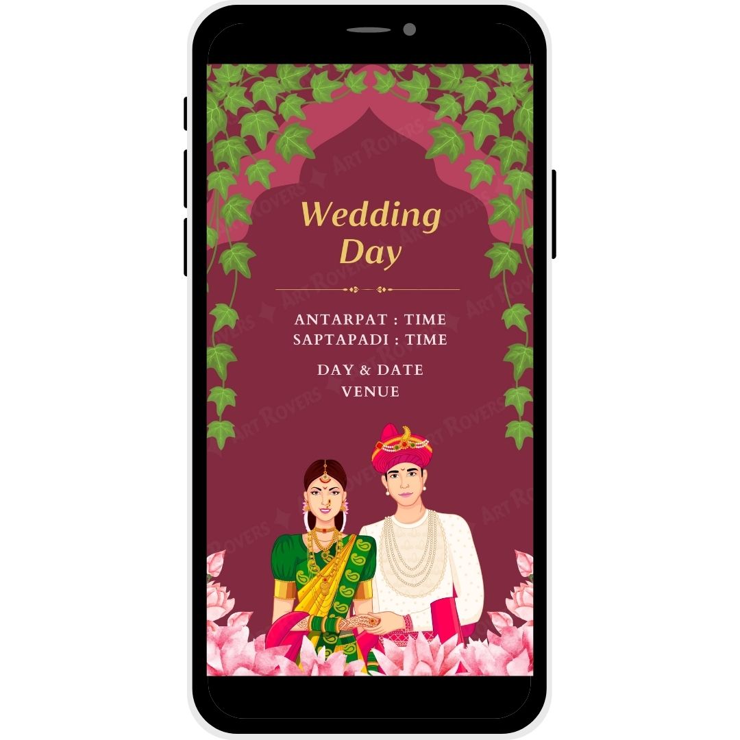 Wedding Day Ceremony details in Vine of Love Marathi Wedding Invitation with lush greenery and traditional elements