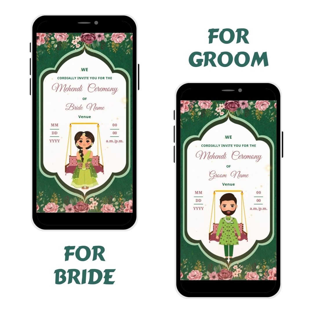 Rustic Romance Mehendi Invitation Card with floral motif and swing design
