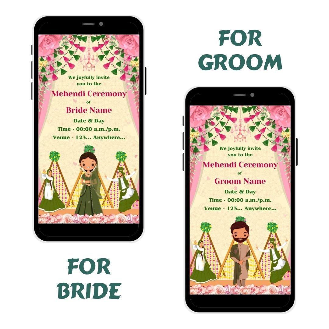Dancing Petals Mehendi Invitation with festive floral decor and celebratory setting