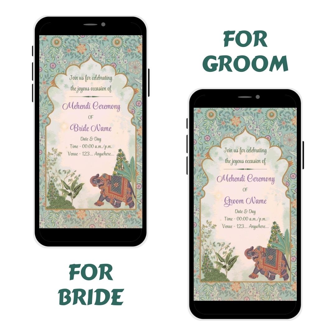 Majestic Garden Mehendi Invitation with floral motif and traditional elephant design