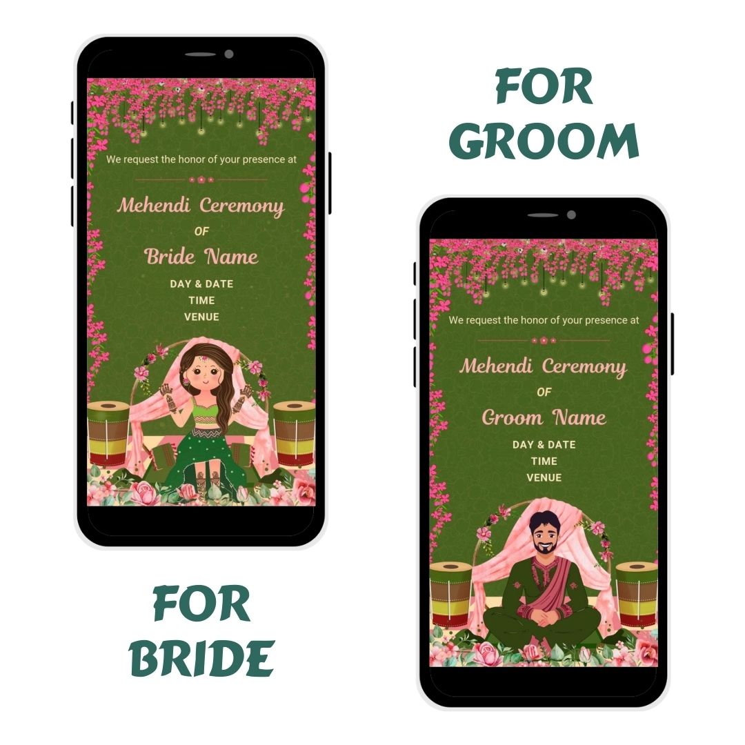 Palatial Bliss Mehendi Invitation Card with floral decor and elegant setting