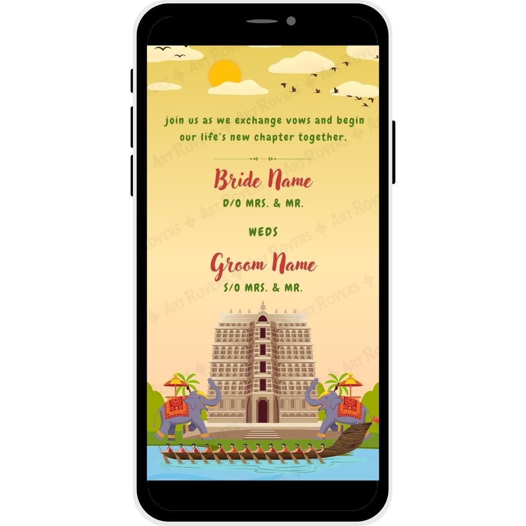 Golden Horizon Malayalam Wedding Invitation with customizable bride and groom details