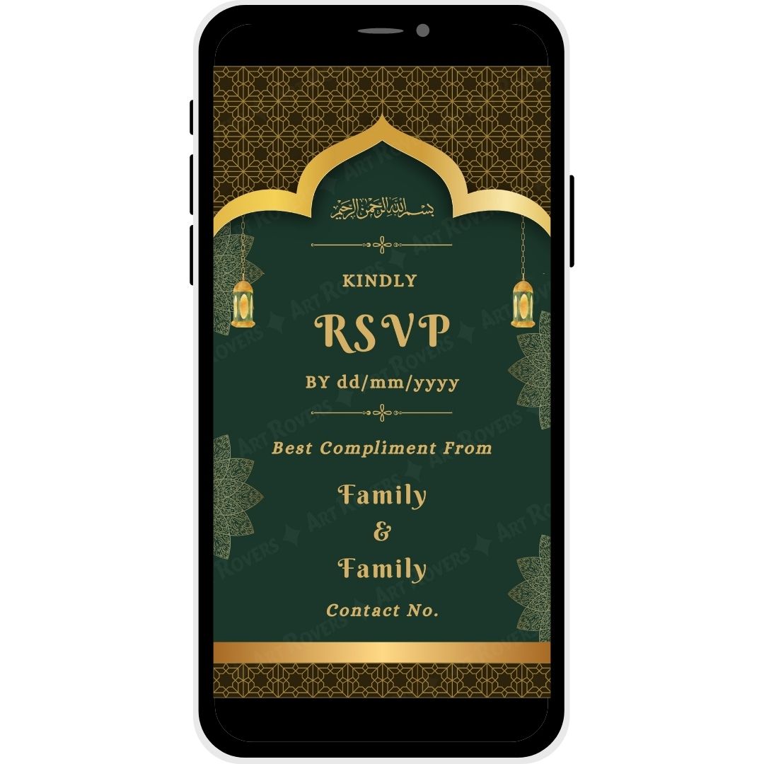 Golden Grace Muslim Wedding Invitation – RSVP Details.