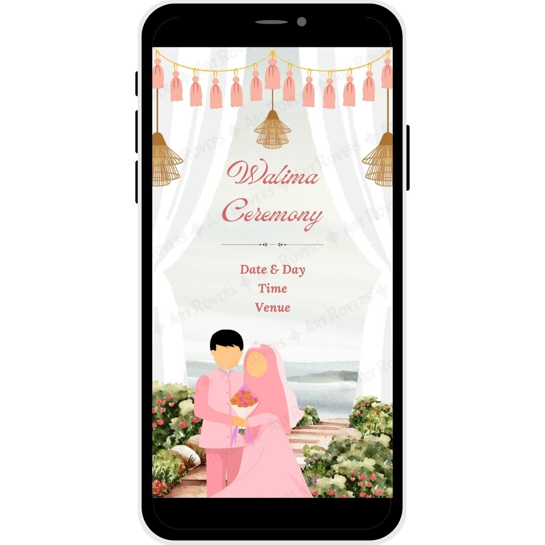 Walima Ceremony with couple illustration and floral decorations.
