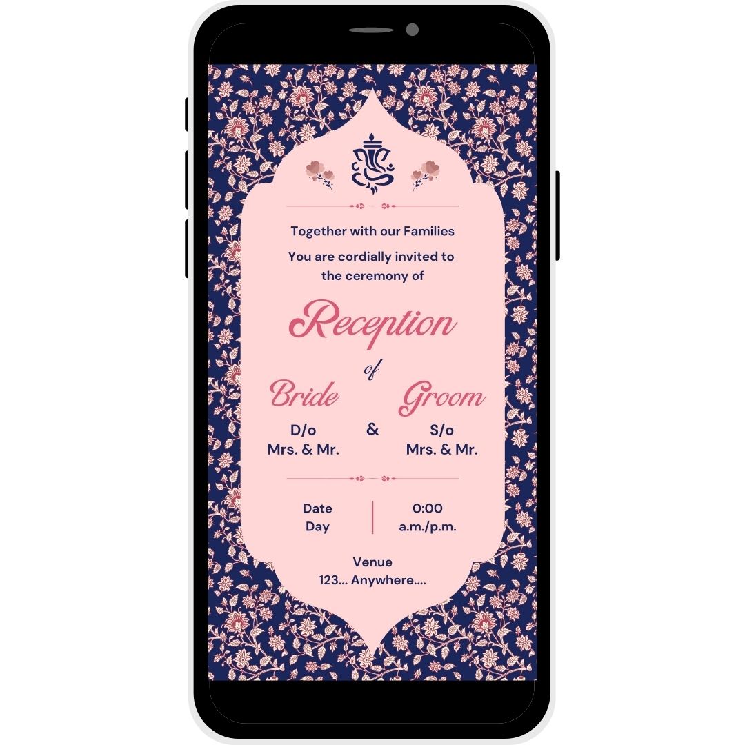 Reception invitation card named Classic Affair, featuring a navy floral background with soft pink accents, perfect for an elegant wedding reception.