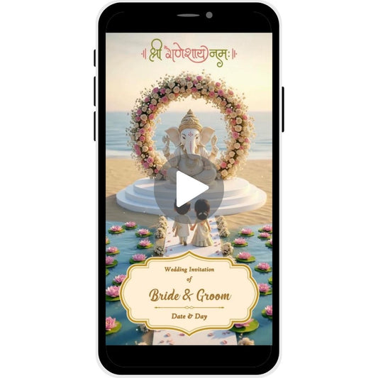 AI 3D wedding invitation with Ganesha blessing at beach, floral mandap and couple, destination wedding invite design