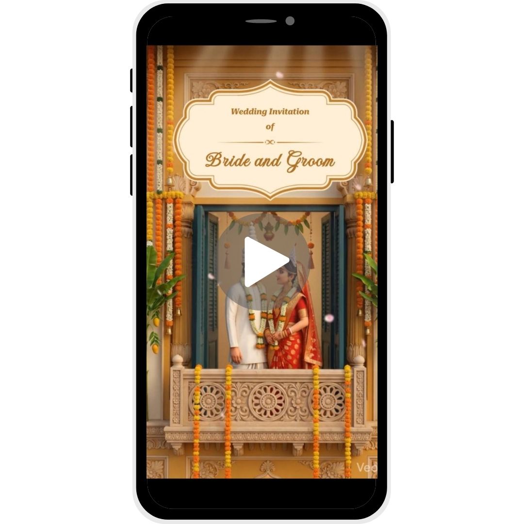 AI 3D wedding invitation with traditional Indian couple in decorated balcony wedding setting