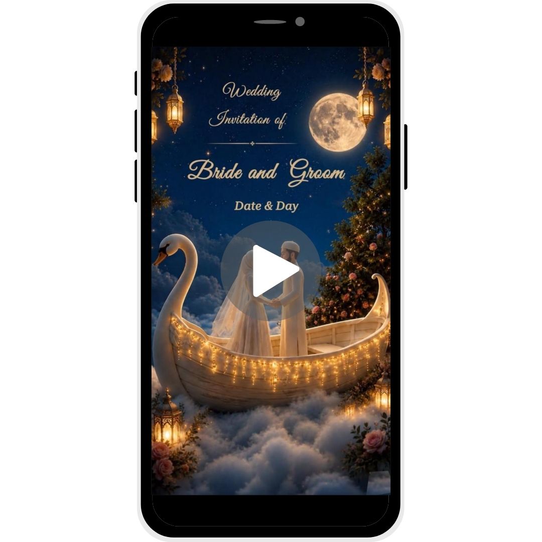 AI 3D wedding invitation with couple in illuminated swan boat under moonlight and stars