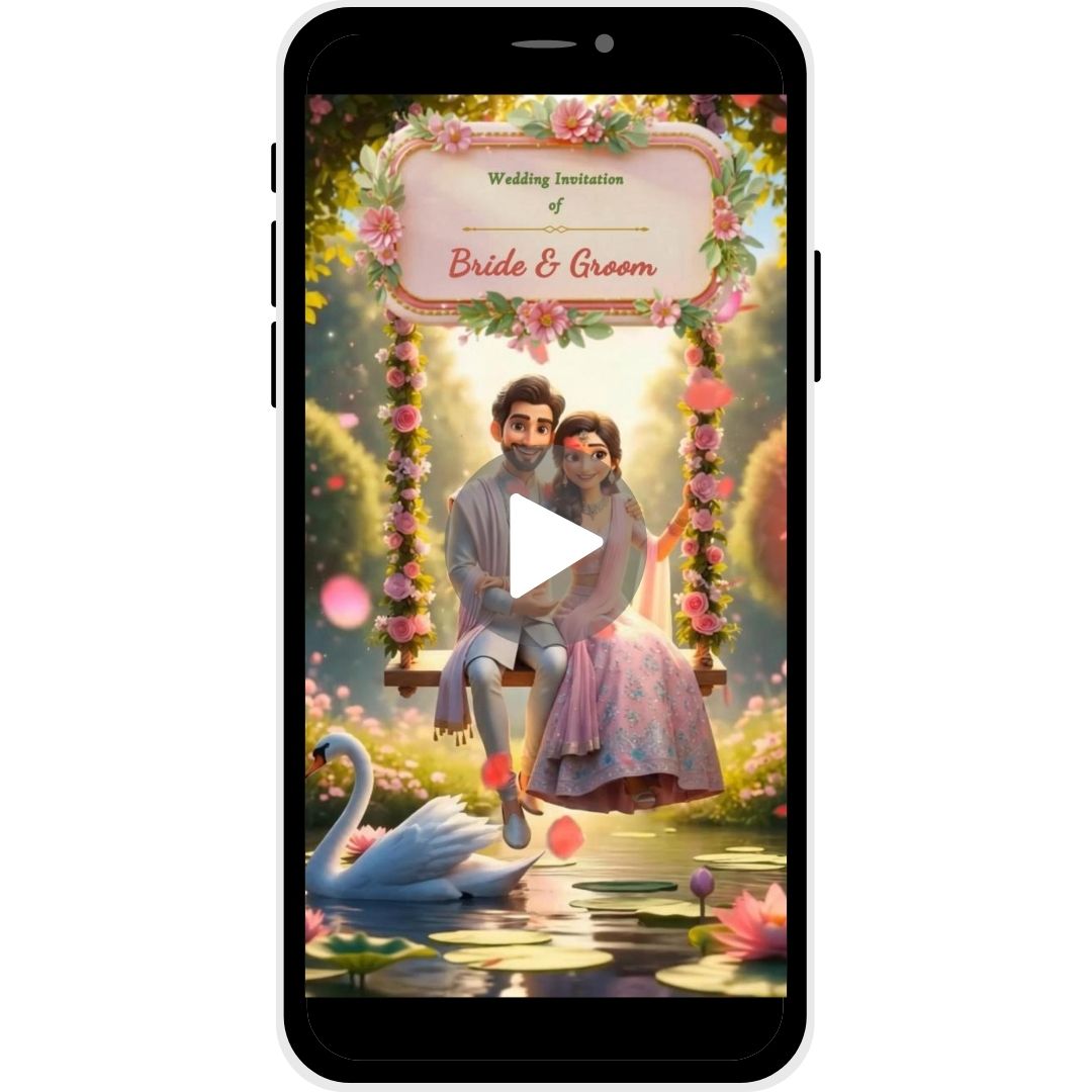 AI 3D wedding invitation video with romantic couple on floral swing beside lake and swan