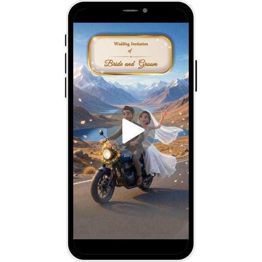 AI 3D wedding invitation with romantic couple riding motorcycle in mountain destination wedding setting