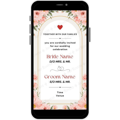 Floral Christian wedding card with bride and groom names and wedding details.