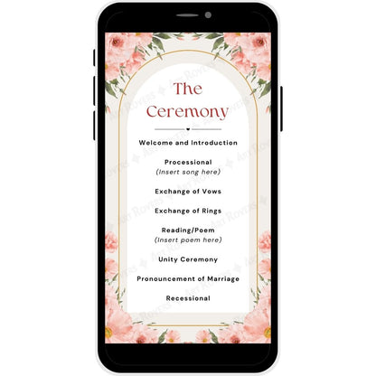 Blushing Blooms Christian wedding ceremony schedule with floral border and key event details.