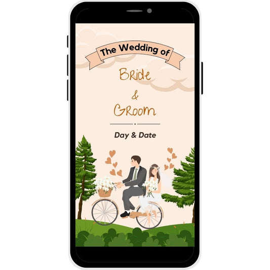 Bride and Groom cycling in a rustic setting with wedding details