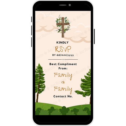 RSVP request with wooden cross, forest theme, and contact details