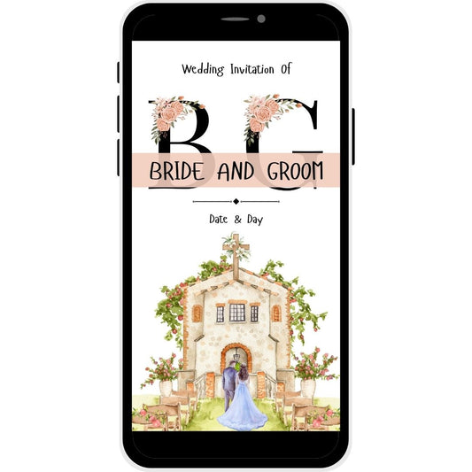 Chapel Charm Christian Wedding Invitation featuring bride and groom outside a chapel