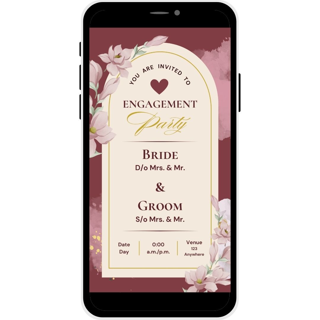 Floral Romance Engagement Invitation Card with maroon background, floral accents, and space for bride and groom details.