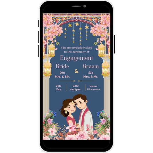 Starry Romance Engagement Invitation Card with golden lanterns, star motifs, floral accents, and bride and groom illustration.