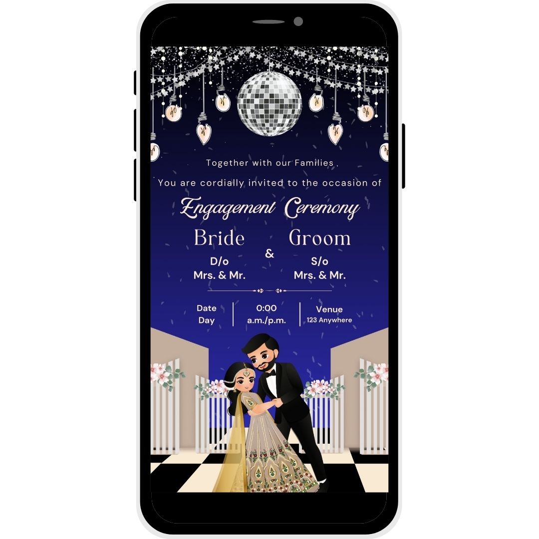 Sparkling Love Engagement Invitation Card with disco ball, soft lights, floral accents, and bride and groom illustration.