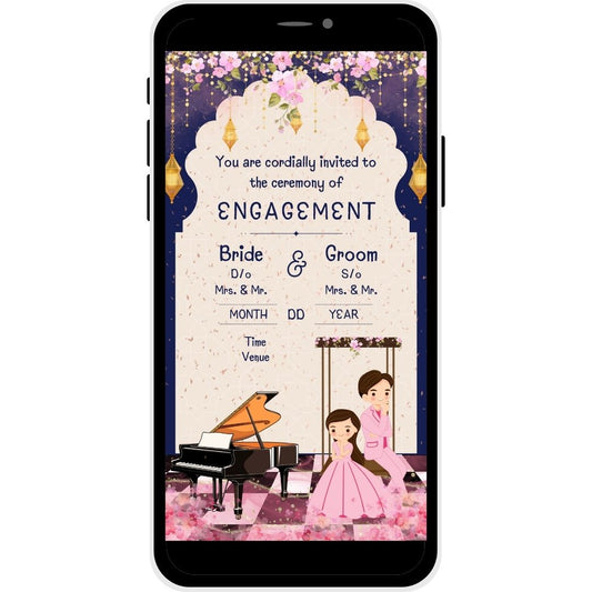 Sweet Symphony Engagement Invitation Card with floral decor, lanterns, grand piano, and bride and groom illustration.